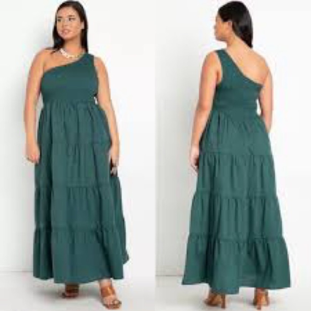 Eloquii Smoked Bodice One Shoulder Dress - Green - 18